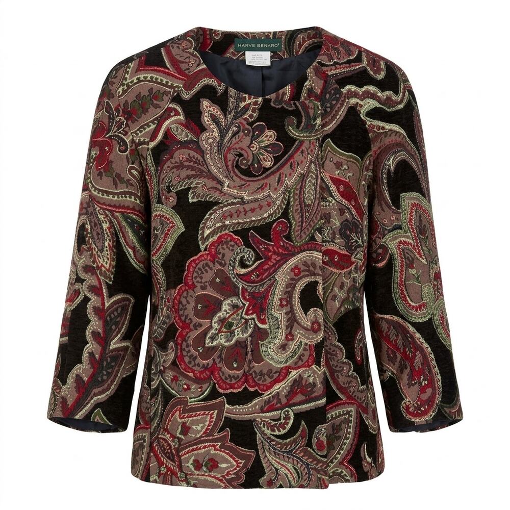 Harve Benard Black Red Paisley Lined 3/4 Sleeve Jacket Women Size 10